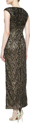 Sue Wong Cap-Sleeve Beaded Metallic Lace Gown