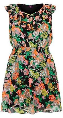 New Look Inspire Black Neon Floral Ruffle Neck Dress
