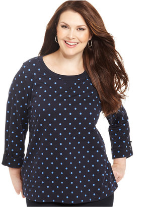 Karen Scott Plus Size Three-Quarter-Sleeve Polka-Dot Sweatshirt