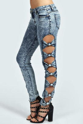 boohoo Lilly Bow Side Denim Skinny Jeans