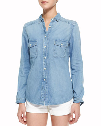 Neiman Marcus Cusp by Double Pocket Chambray Shirt, Light Marble