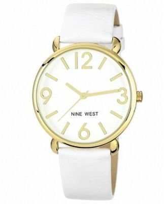 Nine West Ladies white leather strap with gold tone case watch