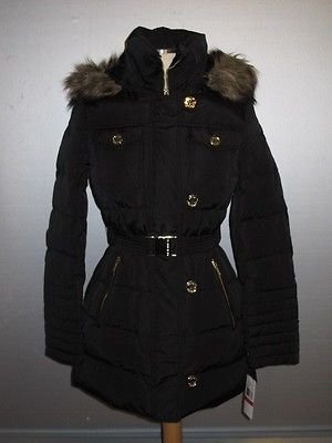 MICHAEL Michael Kors Nwt Black Down Puffer Jacket Coat Hooded Belted Fur
