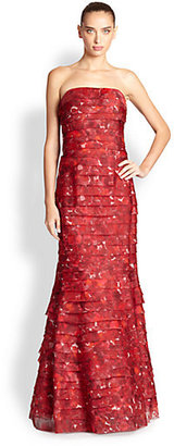 Kay Unger Tiered Printed Strapless Gown