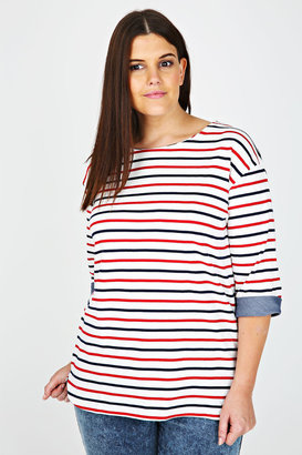 Yours Clothing Red, White & Blue Striped Jersey Top With 3/4 Length Sleeves