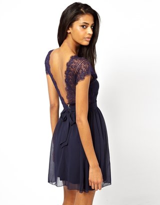 Elise Ryan Lace Skater Dress with Scallop Back - Navy