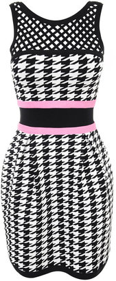 House Of CB 'Lilli' Pink Black and White Houndstooth Bandage Pleated A-Line Dress