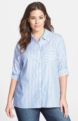 Foxcroft Roll Sleeve Stripe Twill Shirt (Plus Size)