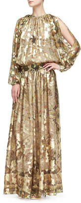 Etro Metallic Cold-Shoulder Jacquard Gown