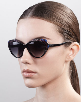 Alexander McQueen Scalloped Modified Cat-Eye Sunglasses, Black/Burgundy