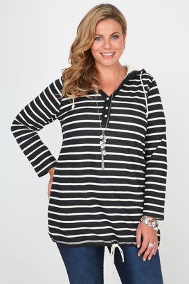 Yours Clothing Black And Cream Striped Hooded Top With Button Detail