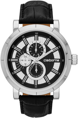 Claiborne Mens Black and Silver-Tone Croc-Pattern Leather Strap Watch