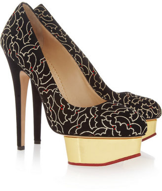 Charlotte Olympia Midnight Dolly bat-embroidered suede platform pumps