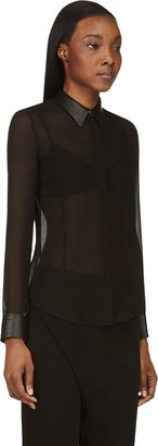 CNC Costume National Black Leather & Silk Sheer Blouse