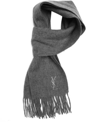 Saint Laurent light grey wool fringed scarf