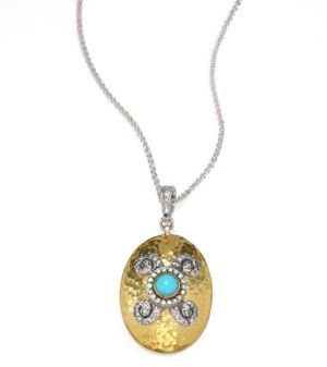 Gurhan Elegance Turquoise, Diamond, 24K Yellow Gold & Sterling Silver Pendant Necklace