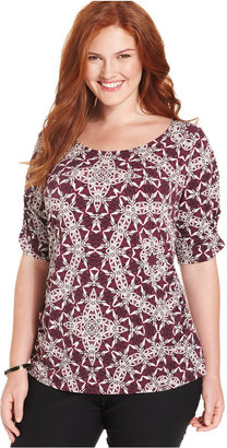 Alfani Plus Size Short-Sleeve Printed Ruched Top