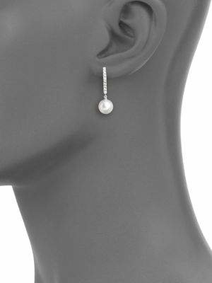Mikimoto 7.5MM White Cultured Akoya Pearl, Diamond & 18K White Gold Drop Earrings