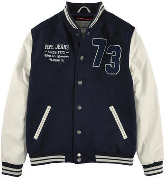 Pepe Jeans college style woollen cloth jacket with imitation leather sleeves - navy blue and ivory