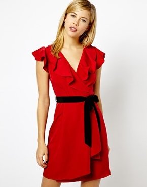 A/Wear A Wear Ruffle Neck Dress With Belt - Red