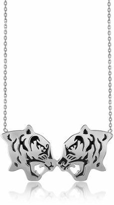 Kenzo Rhodium Silver and Black Lacquer Fighting Tiger Necklace