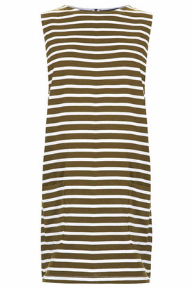 Topshop Maternity sleeveless tunic with pocket detailing, in a soft ponte in a khaki and white stripe. can be worn as a dress or a long top. 100% cotton. machine washable.