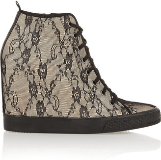DKNY Lace-covered leather wedge sneakers