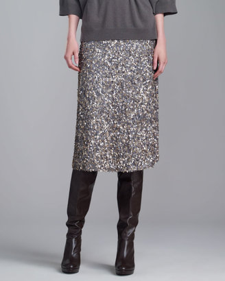 St. John Hand-Sequined Skirt, Gray