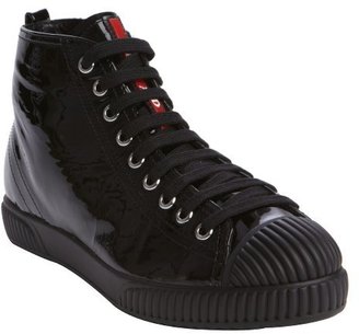 Prada black patent leather lace up cap toe sneakers