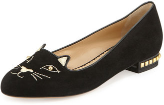 Charlotte Olympia Kitty Cat-Embroidered Stud-Heel Flat, Black