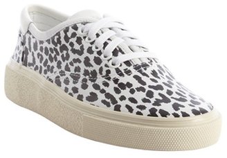 Saint Laurent black and white leopard print leather lace up sneakers