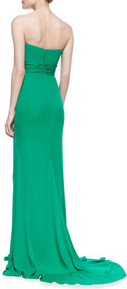 Badgley Mischka Strapless Ruched-Bodice Draped Gown, Emerald