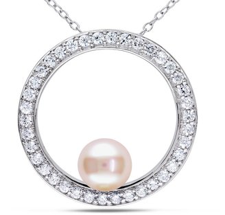 Ice.com 2684 1 3/8 CT TGW White Cubic Zirconia And 8 - 8.5 MM Pink Freshwater Pearl  Silver Fashion Pendant With Chain