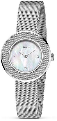 Gucci U Play Stainless Steel & Mother of Pearl Mesh Bracelet Watch, 27mm