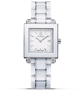 Fendi Timepiece Women's White Ceramic Quardro Watch with Diamonds
