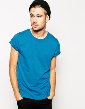 ASOS T-Shirt With Crew Neck And Rolled Sleeve - Blue