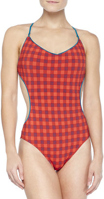 Marc by Marc Jacobs Gingham-Print Maillot Swimsuit, Vibrant Red