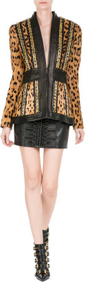 Balmain Leather/Leopard Print Haircalf Chain Embellished Jacket