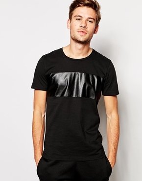 Selected T-Shirt With Leather Panel - Black