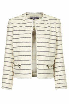 Topshop Petite cropped tailored jacket with frayed hem and zip pocket detail. 100% cotton. machine washable.