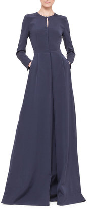 Akris Long-Sleeve Silk Crepe Pleated A-Line Gown, Navy