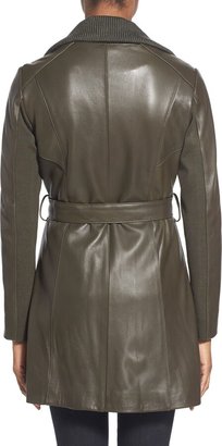 Elie Tahari 'Alexandra' Knit Collar Belted Leather Coat