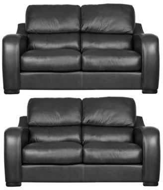 Debenhams Set of 2 medium black leather 'Berber' sofas with dark wood feet