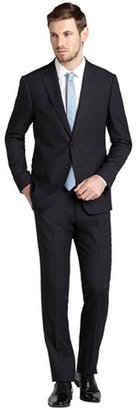 Armani 746 Armani navy pinstripe wool 2-button suit with flat front pants