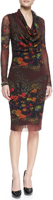 Jean Paul Gaultier Long-Sleeve Cowl-Neck Floral-Print Dress, Brown/Multi