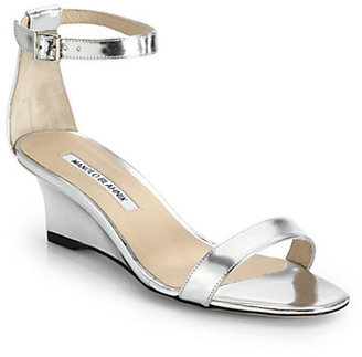Manolo Blahnik Metallic Leather Ankle-Strap Wedge Sandals