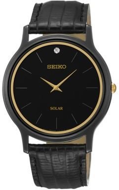 Seiko Men's Black Plated Watch with Leather Strap