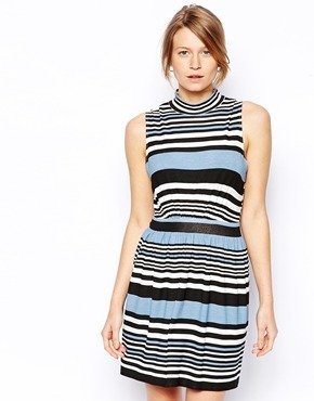 Love High Neck Stripe Dress - Blue