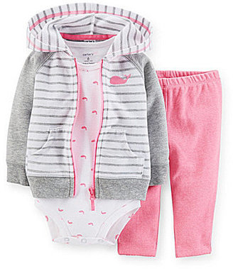 Carter's Carter´s Newborn-24 Months Striped Zip-Front Hooded Cardigan Whale-Print Interlock Bodysuit & Solid Interlock Pant Set