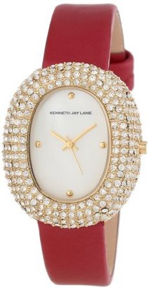 Kenneth Jay Lane Women's KJLANE-2403S-05  Mother-Of-Pearl Dial Crystal Accented Red Silk and Leather Watch